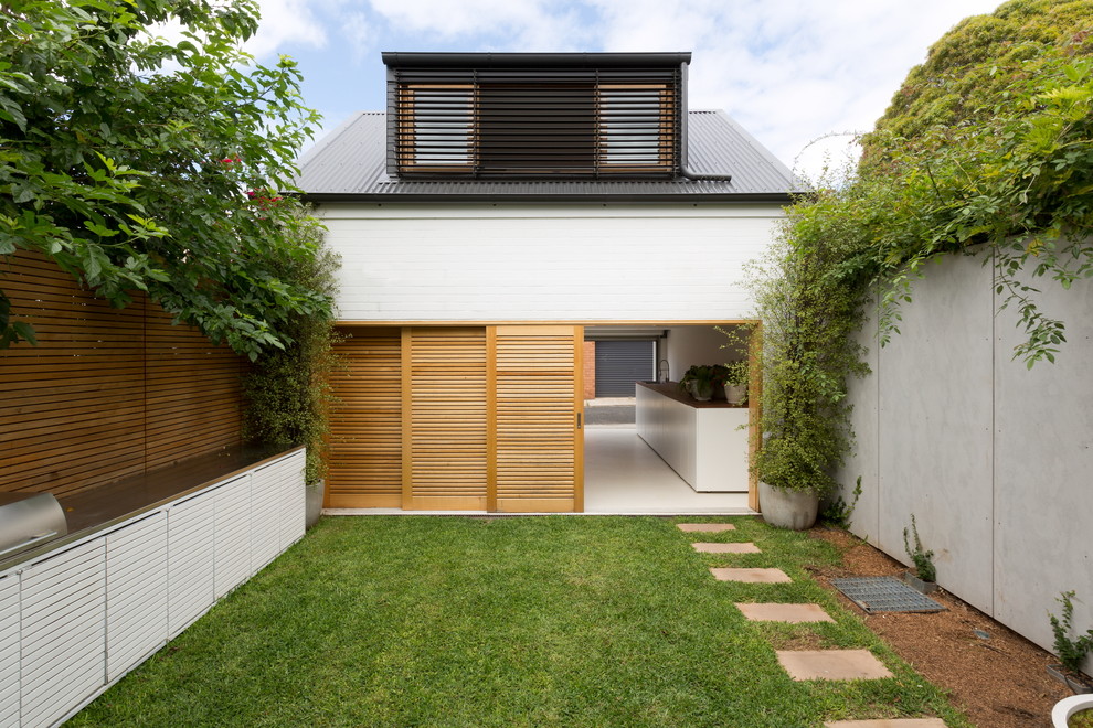 Sliding Plantation Shutters Garage and Shed Modern with Back Yard Grass Lawn