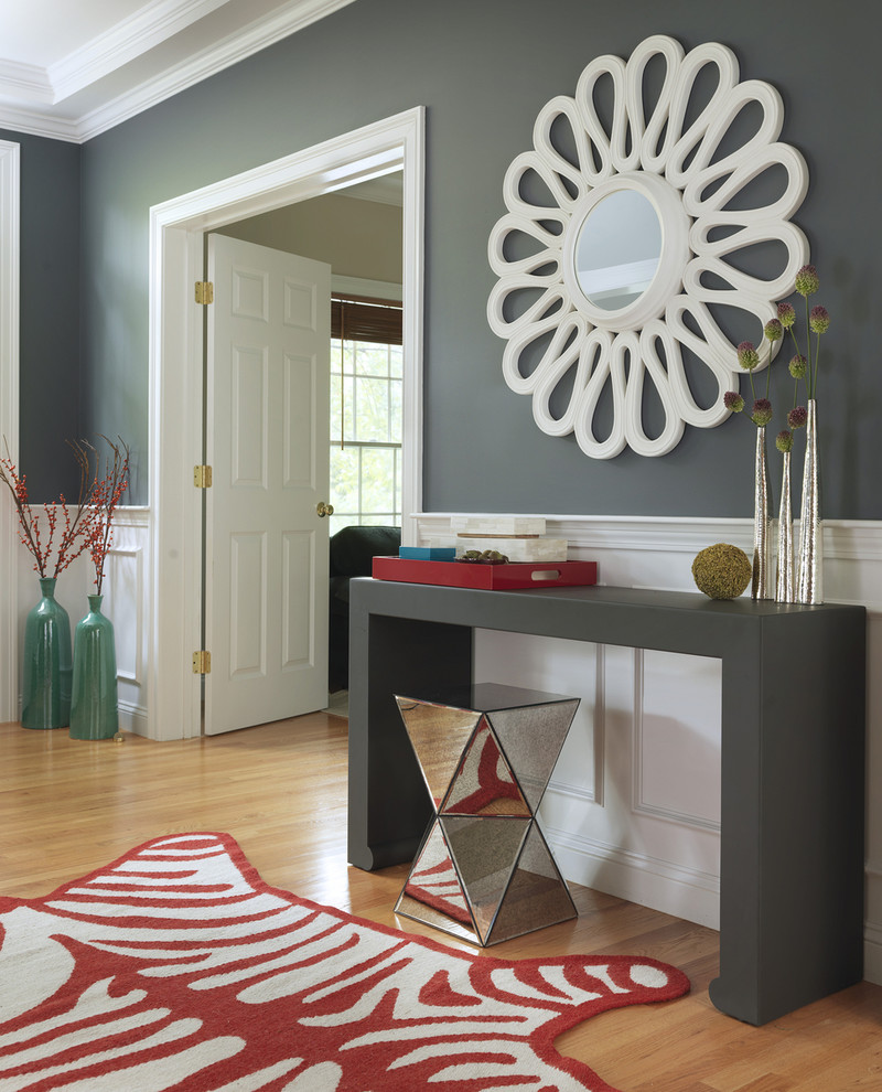 Slim Console Table Entry Transitional with Area Rug Blue Wall