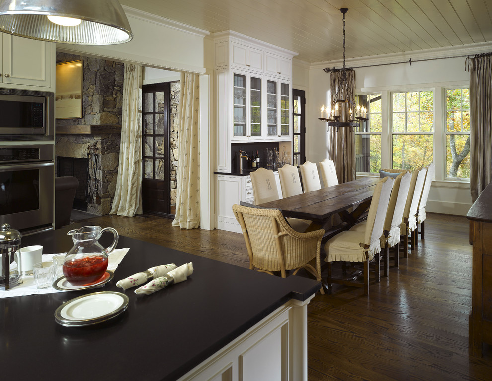 Slipcovered Dining Chairs Dining Room Traditional with Beadboard Ceiling Built Ins