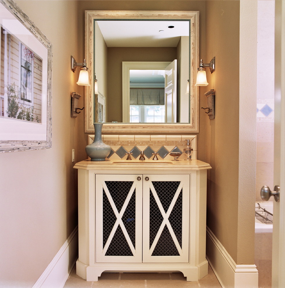 Small Bathroom Makeover Bathroom Traditional with Baseboard Beige Cabinet Door