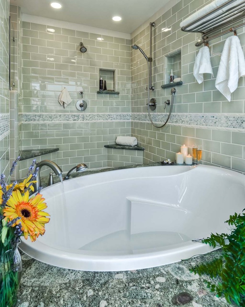 Small Corner Bench Bathroom Contemporary with Accent Tile Brushed Nickel