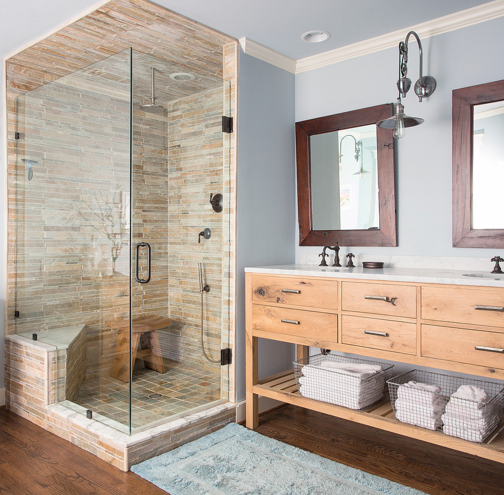Small Corner Bench Bathroom Rustic with Blue Rug Rectangular Mirrors