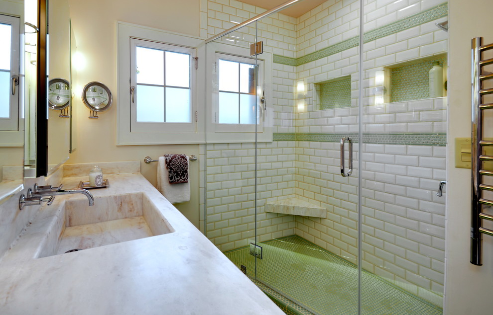 Small Corner Bench Bathroom Traditional with Decorative Tile Glass Shower