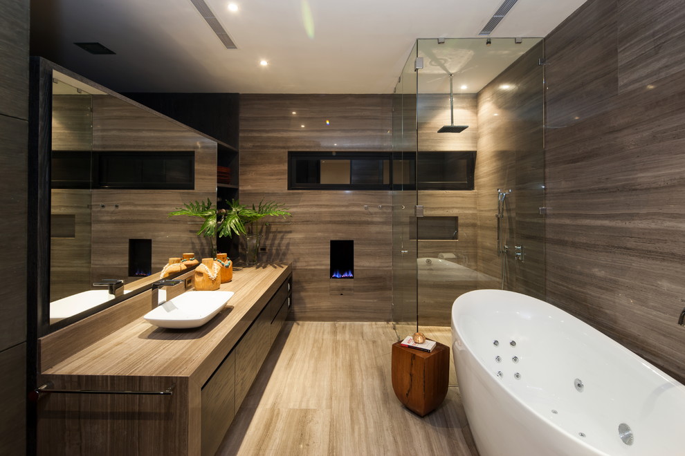 Small Gas Fireplace Bathroom Contemporary with Above Counter Vessel Brown