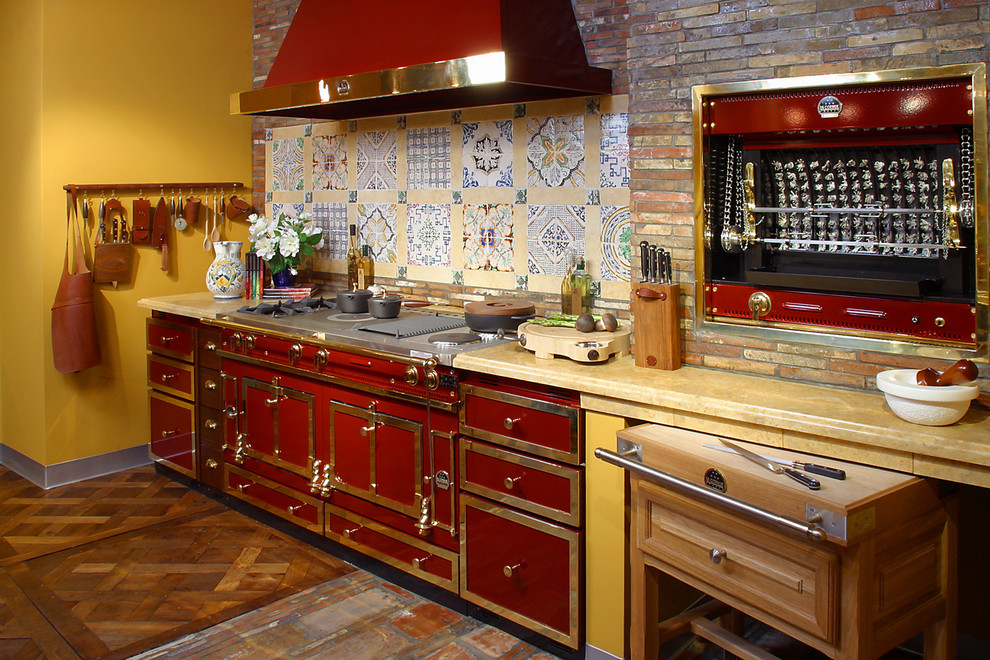 Small Gas Fireplace Kitchen with La Cornue 