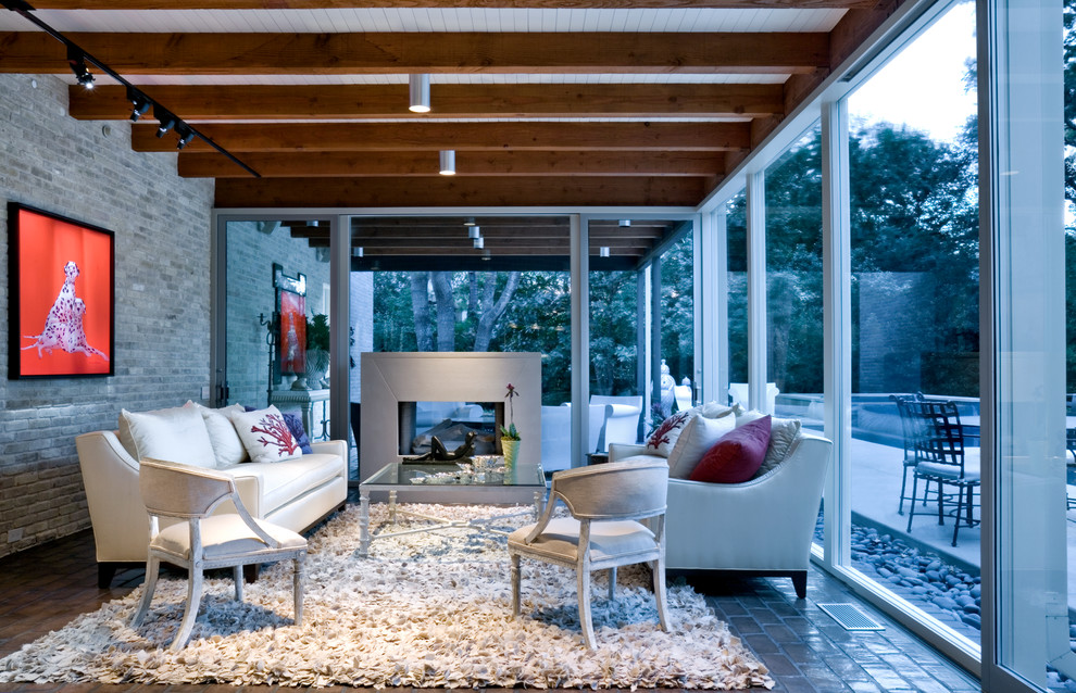 Small in Ground Pools Sunroom Midcentury with Brick Deck Exposed Beams