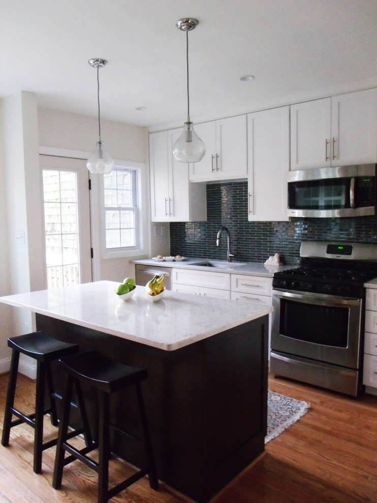 Small Kitchen Layouts Kitchen Contemporary with Black Barstools Glass Pendants
