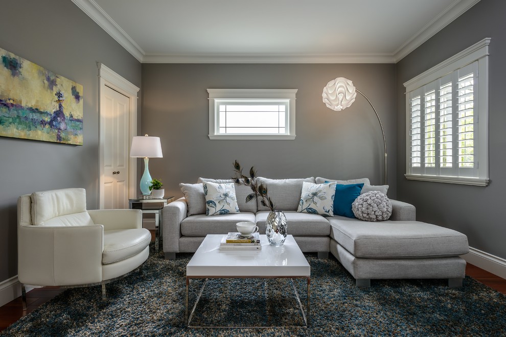 Small L Shaped Sofa Family Room Contemporary with Arc Lamp Baseboards Blue