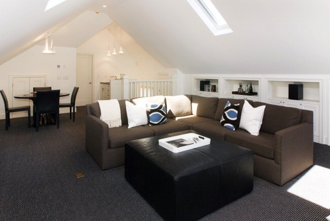 Small L Shaped Sofa Home Theater Contemporary with Black Brown Carpet Coffee