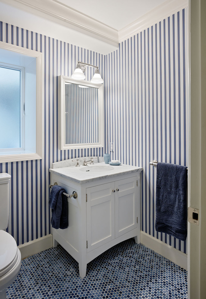 Small Powder Room Vanities Bathroom Traditional with Blue and White Cabinetry