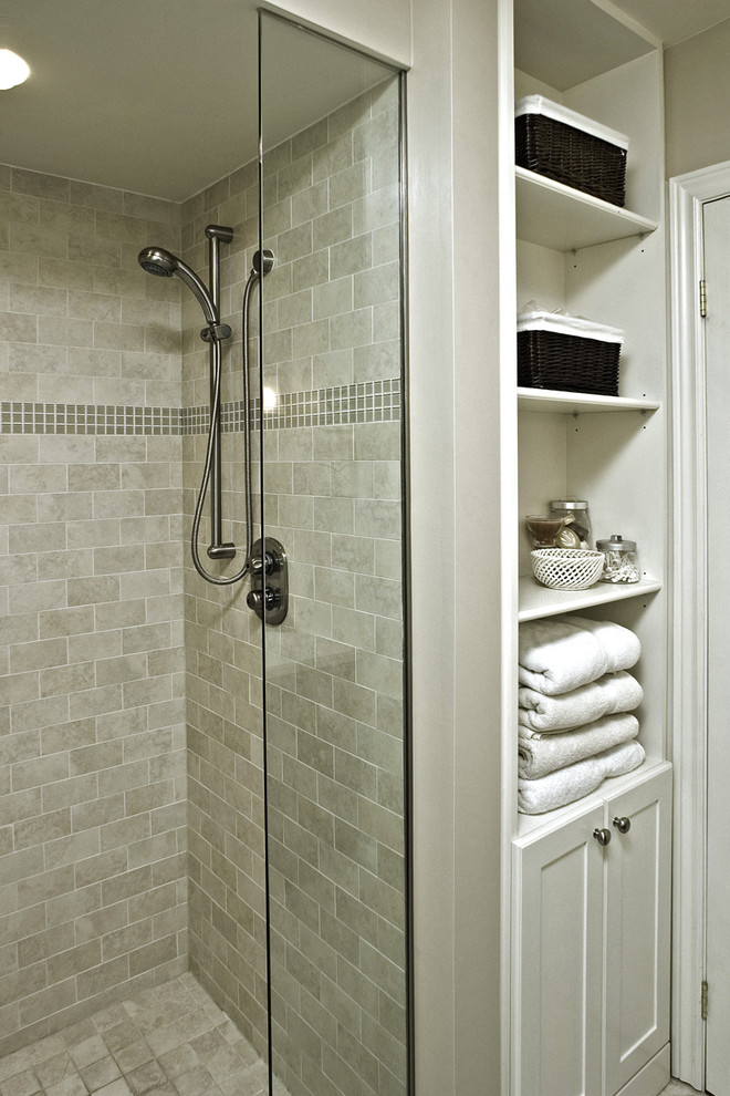 Small Shower Tile Ideas Bathroom Traditional with Bathroom Storage Glass Accent