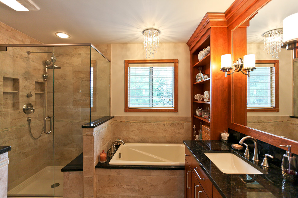 Small Soaker Tub Bathroom Transitional with 4 Tub Cherry Cabinets