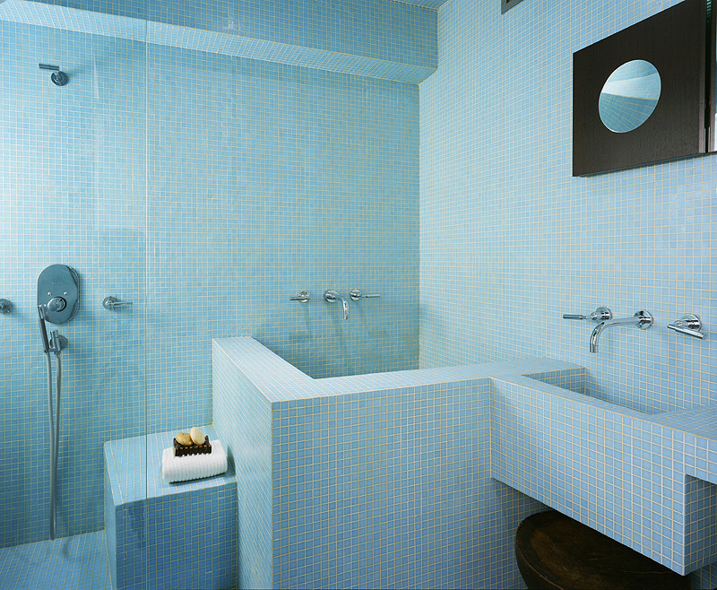 Small Soaking Tubs Bathroom Modern with Blue Glass Mosaic Chrome