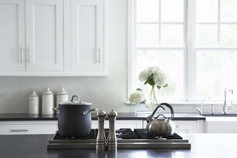 Small Subway Tile Kitchen Traditional with Absolute Black Granite Honed
