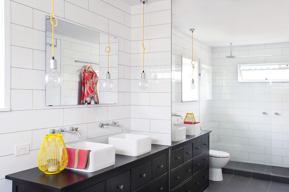 Smoked Glass Mirror Bathroom Contemporary with Awning Window Black And