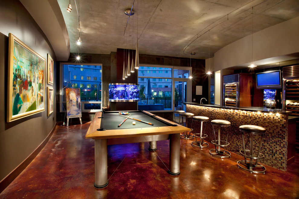 Smoked Glass Mirror Family Room Contemporary with Aquarium Art Bar Bar
