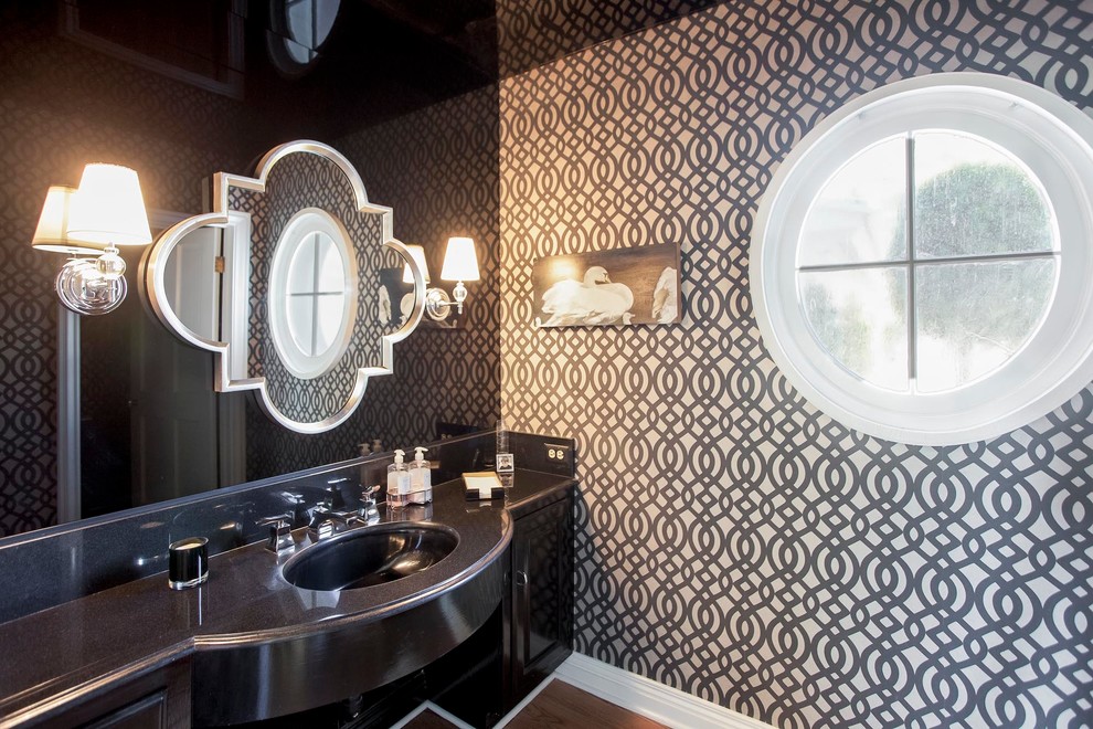 Smoked Glass Mirror Powder Room Transitional with Black Backsplash Black Bathroom