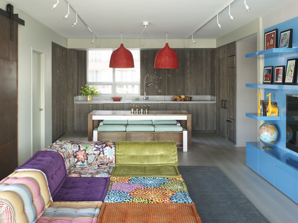 Sofa Cum Bed Family Room Eclectic with Barnwood Bench Storage Blue