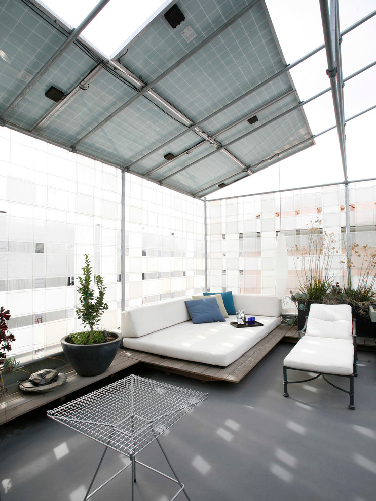 Solar Patio Cover Porch Contemporary with Blue Cushions Chaise Concrete