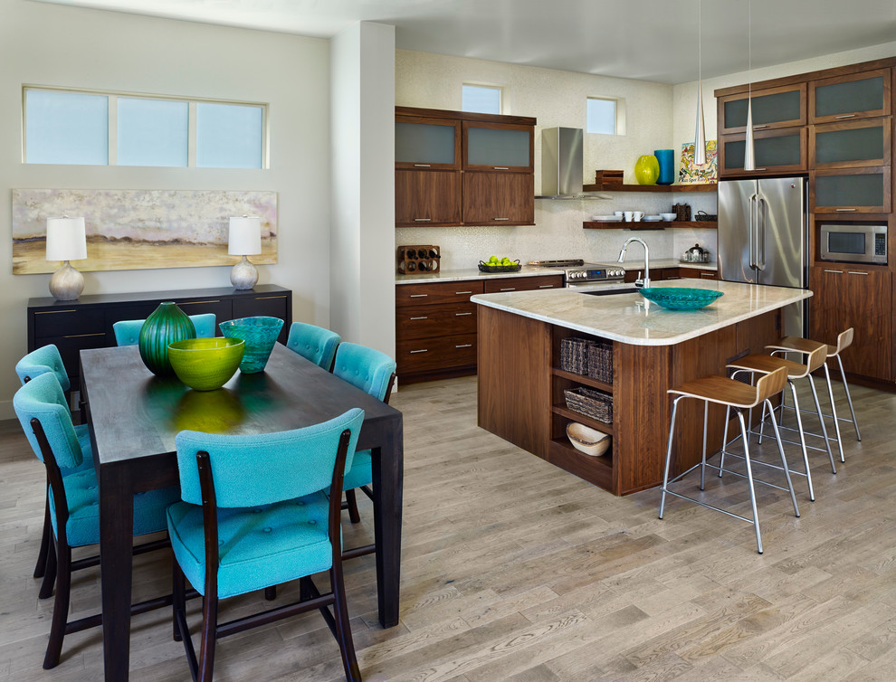 Solid Hardwood Flooring Kitchen Contemporary with Beige Countertop Beige Wall