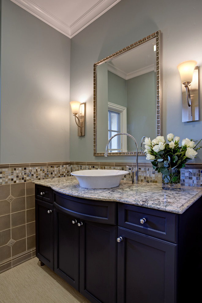 Solid Hardwood Flooring Powder Room Transitional with Blue Cabinets Cambria Ceramic