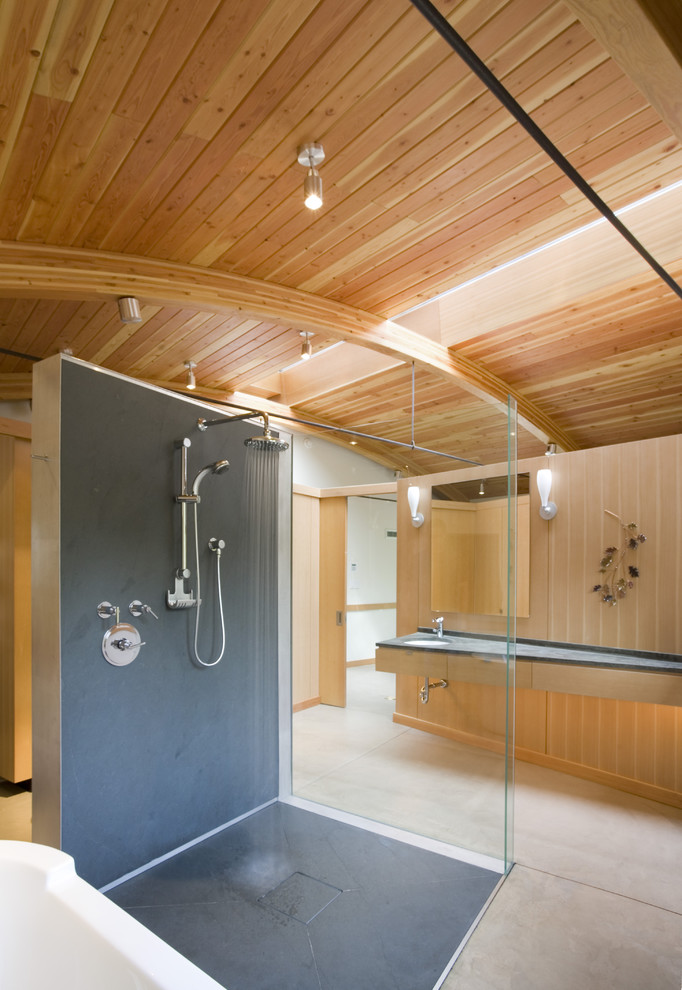 Solid Surface Shower Walls Bathroom Contemporary with Ceiling Lighting Concrete Floor