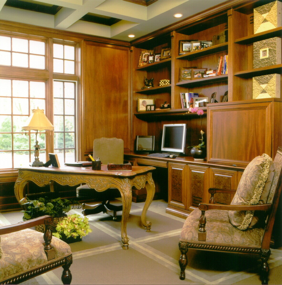 Solid Wood Computer Desk Home Office Traditional with Bookcase Bookshelves Built Ins