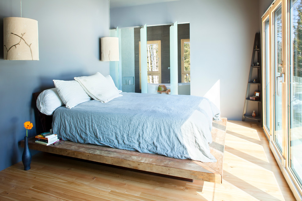 Solid Wood Platform Bed Bedroom Contemporary with Blue Ceiling Light Corner