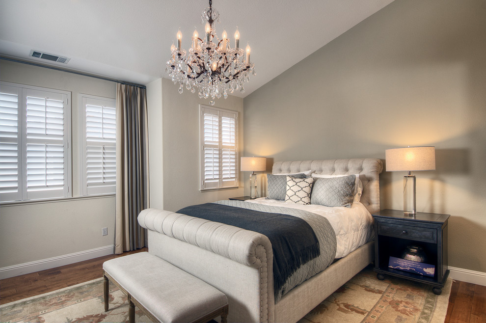 Solid Wood Platform Bed Bedroom Transitional with Asymmetrical Crystal Chandelier Drapery