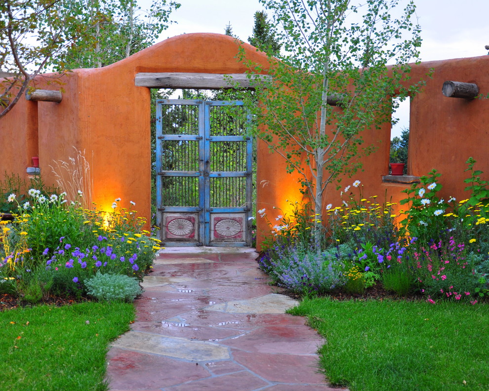 Southwest Interior Design Landscape Mediterranean with Adobe Aspen Tree Colorful