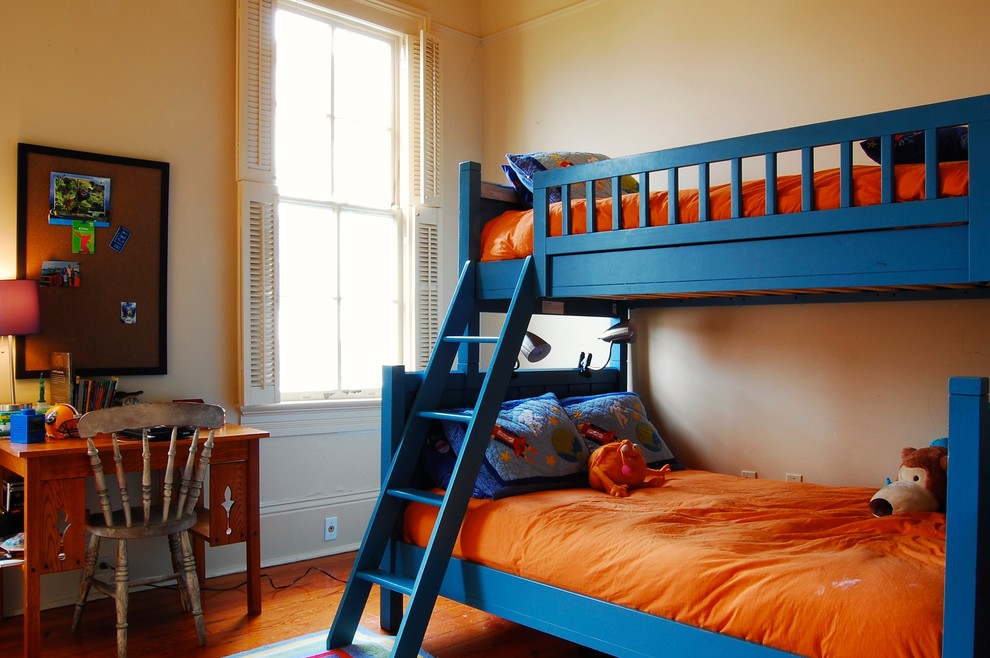 Space Saver Bunk Beds Kids Traditional with Beige Wall Blue Bunk