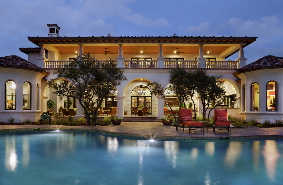 Spanish Tile Roof Pool Mediterranean with Archway Balcony Container Plants