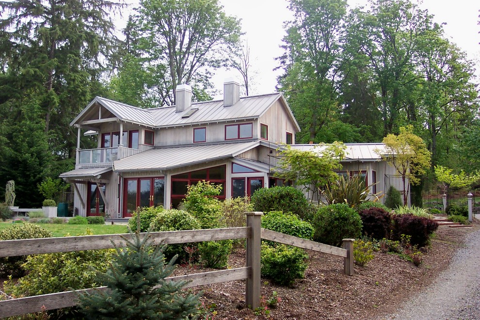 Split Rail Fence Landscape Contemporary with Clerestory Metal Roof Red