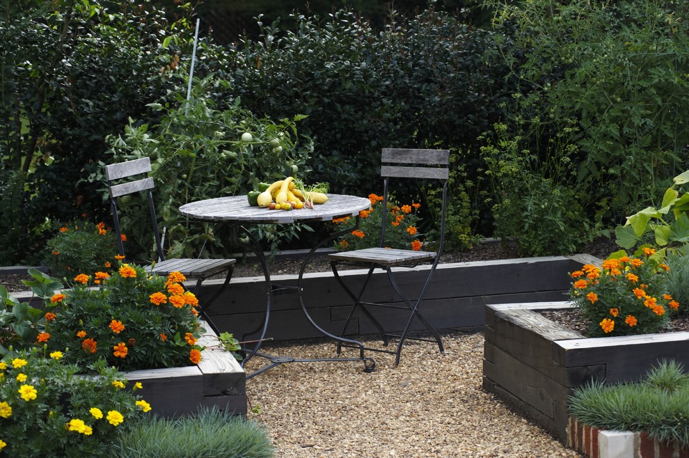 Square Bistro Table Landscape Traditional with Cafe Chairs Edible Garden