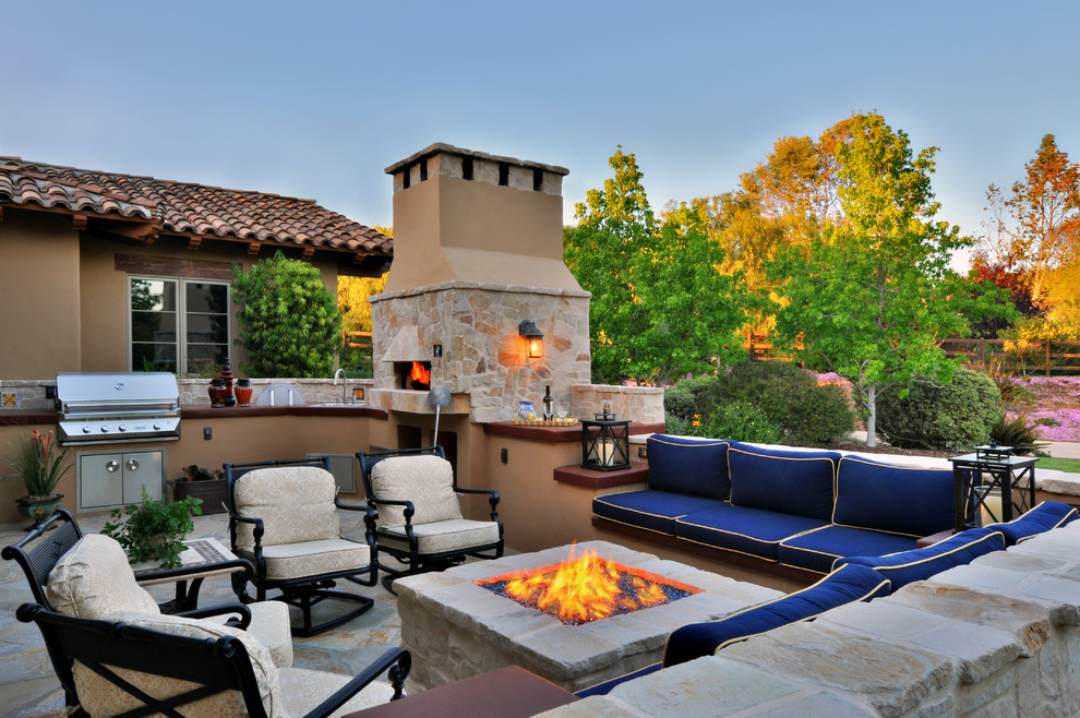 Square Fire Pit Patio Mediterranean with Barbecue Built in Seating