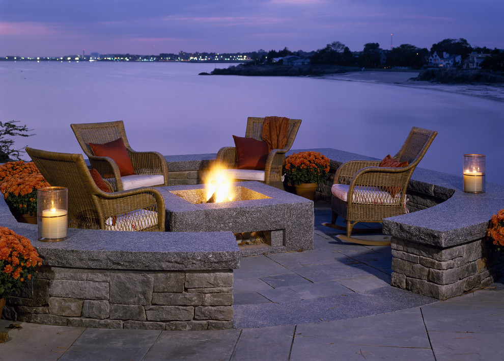 Square Fire Pit Patio Traditional with Curved Garden Wall Fire
