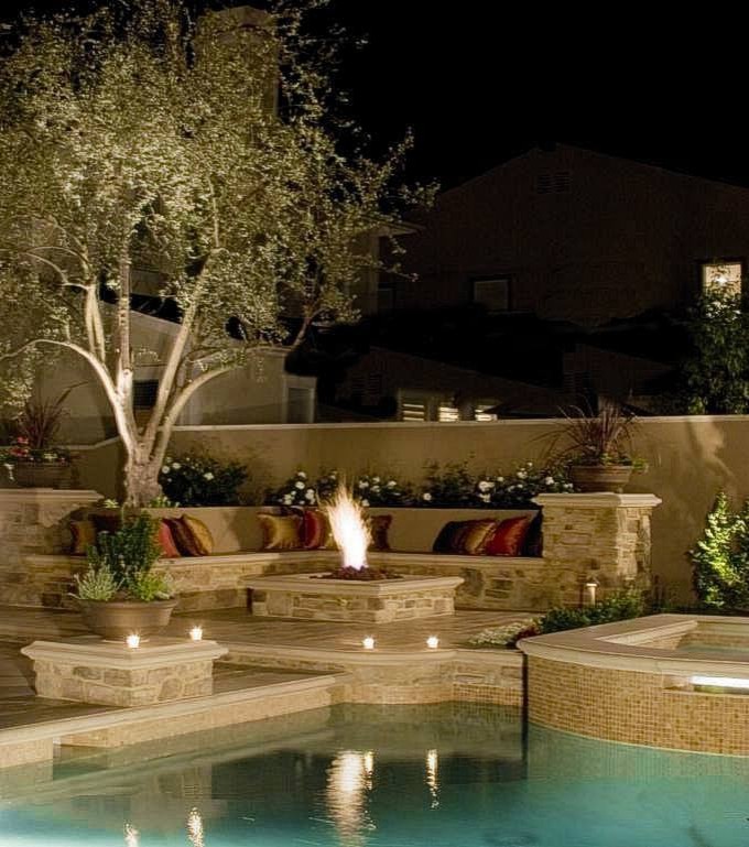 Square Fire Pit Patio with Fireplace Lighting Pool Seating