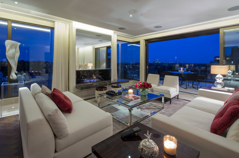 Square Glass Coffee Table Living Room Contemporary with City View Cream Sofa