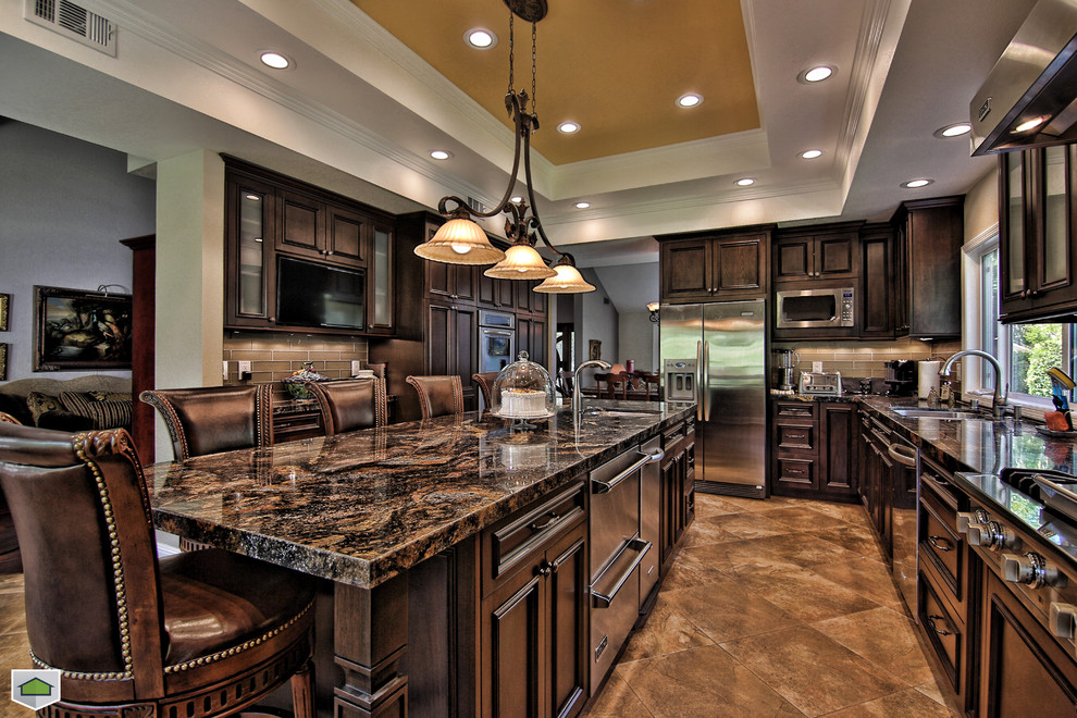Square Pedestal Table Kitchen Traditional with Dark Cabinets Granite Granite