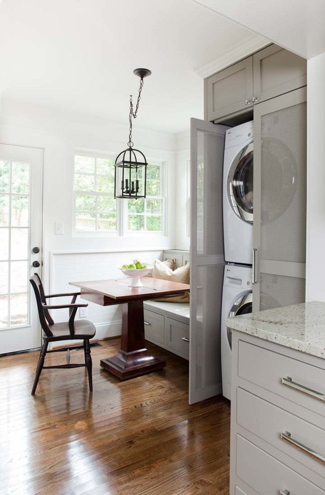 Square Pedestal Table Kitchen Transitional with Banquette Seating Built in Storage