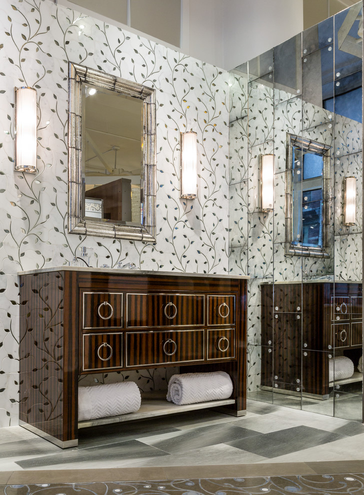 Square Soaking Tub Bathroom Contemporary with Antique Mirror Tile Antiqued