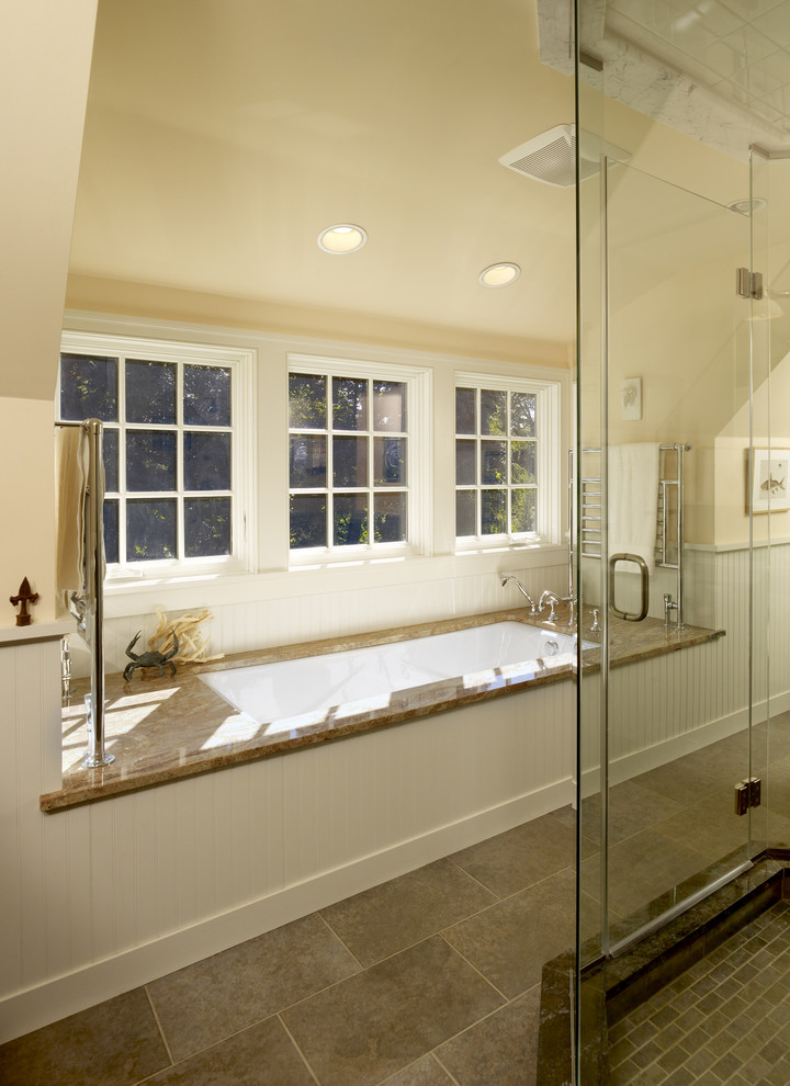 Square Soaking Tub Bathroom Traditional with Dormer Window Floor Tile