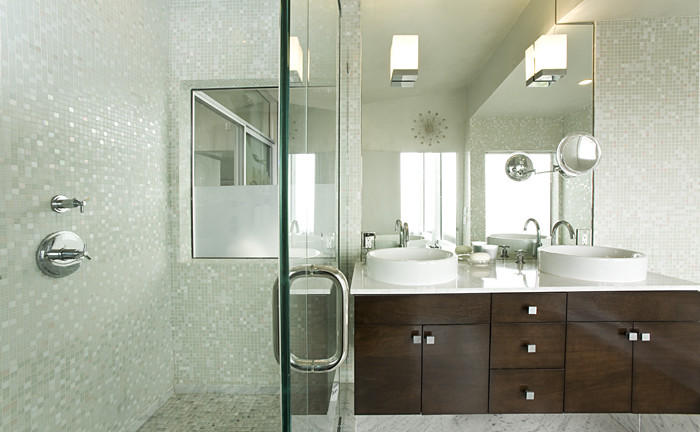 Square Wall Sconce Bathroom Contemporary with Above Counter Sink Glass