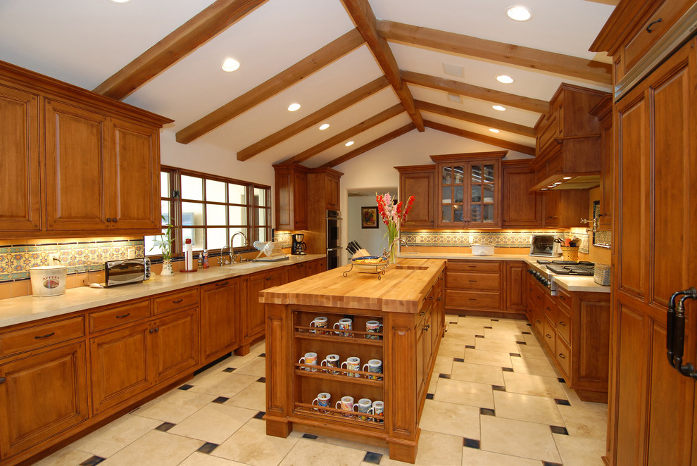 Stackable Coffee Mugs Kitchen Mediterranean with Accent Tiles Beams Butcher