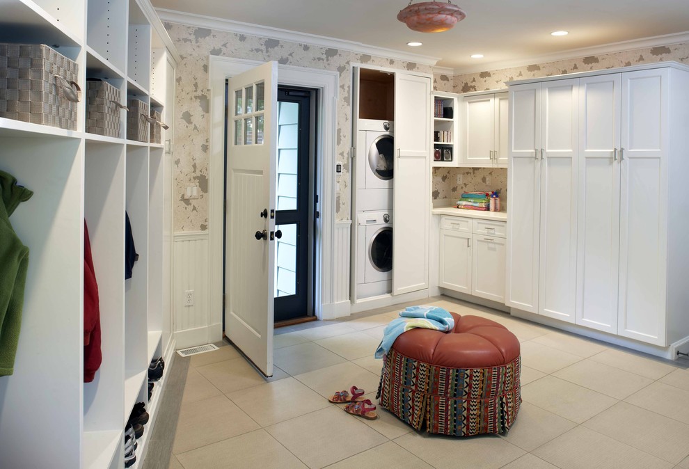 Stackable Washer and Dryer Entry Traditional with Beadboard Built Ins Crown