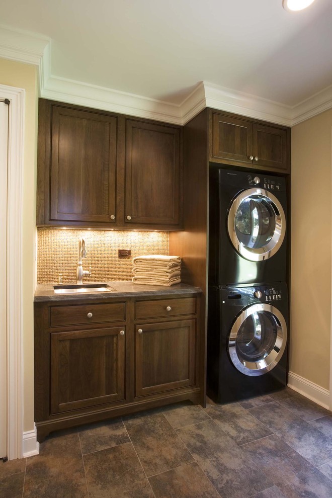 Stackable Washer Dryer Laundry Room Traditional with Baseboards Built in Cabinets