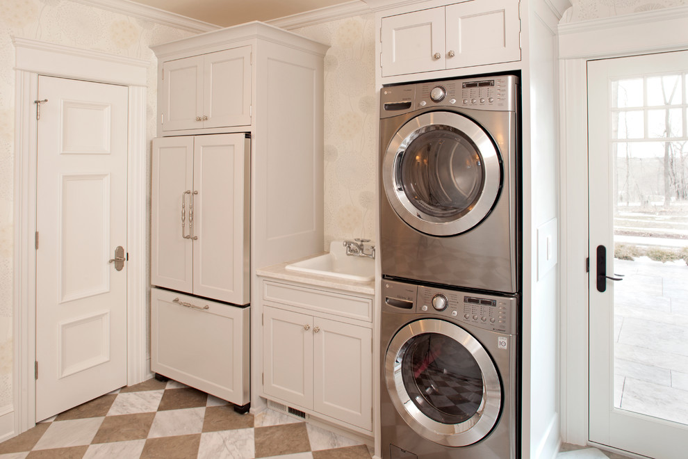 Stackable Washer Dryer Laundry Room Traditional with Brown Checkerboard Floor Cool