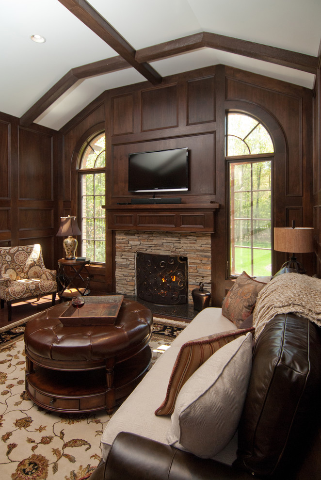 Stacked Rock Fireplace Home Office Traditional with Couch Fire Place High