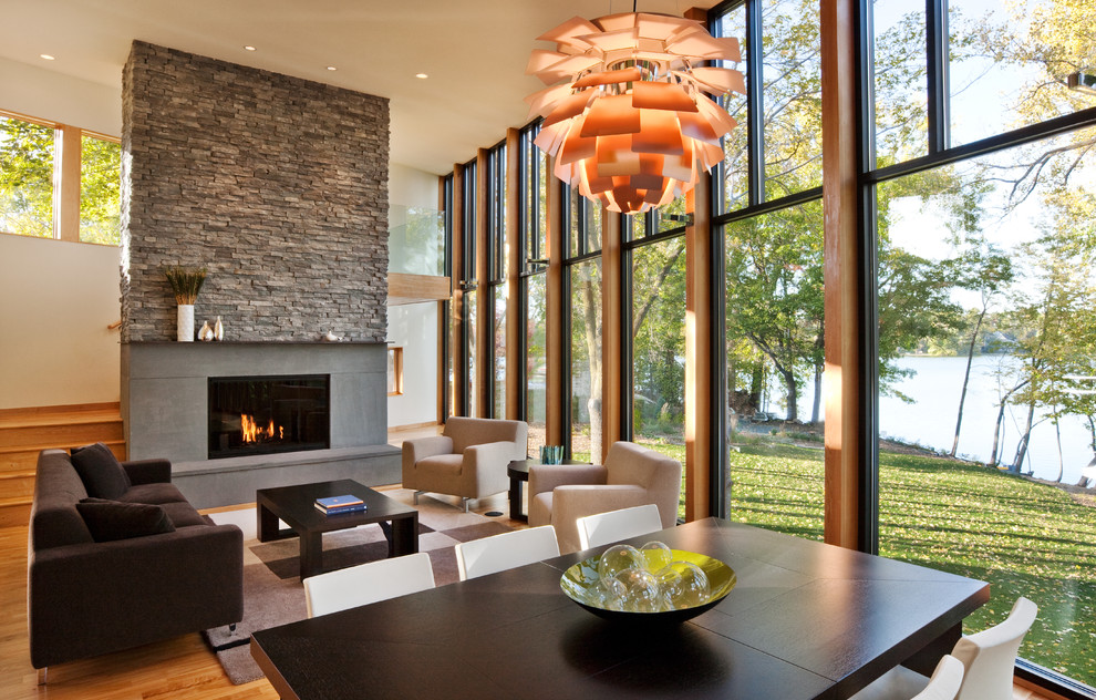 Stacked Rock Fireplace Living Room Modern with Artichoke Lamp Chocolate Brown