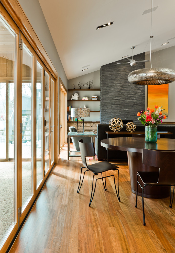 Stacked Slate Fireplace Dining Room Contemporary with Bookshelves Built in Shelves